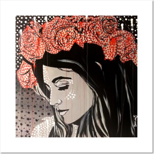 Portrait of Woman wearing a rose crown painted in outline with some drip style Posters and Art